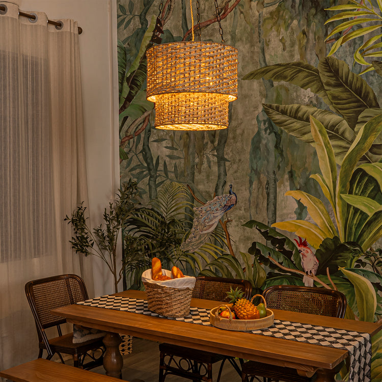 Tierra 4-Light Matte Black 2-Tiered Rattan Chandelier