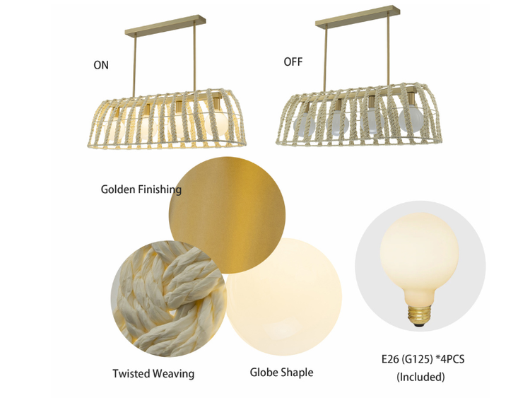 Roka 4-Light Rattan Linear Pendant Light, Coastal Boho Handwoven Dining Fixture