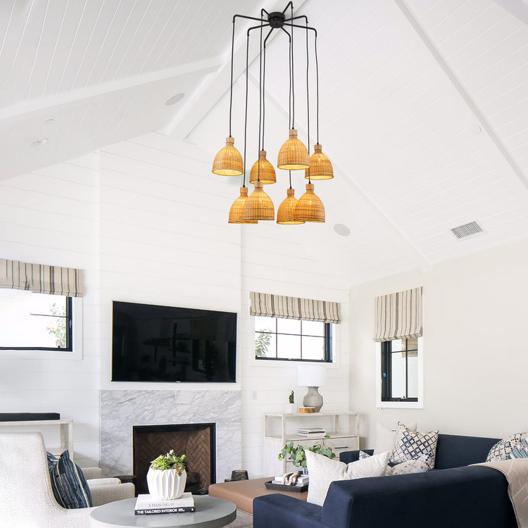 8-Light Cluster Rattan Dome Chandelier in Matte Black