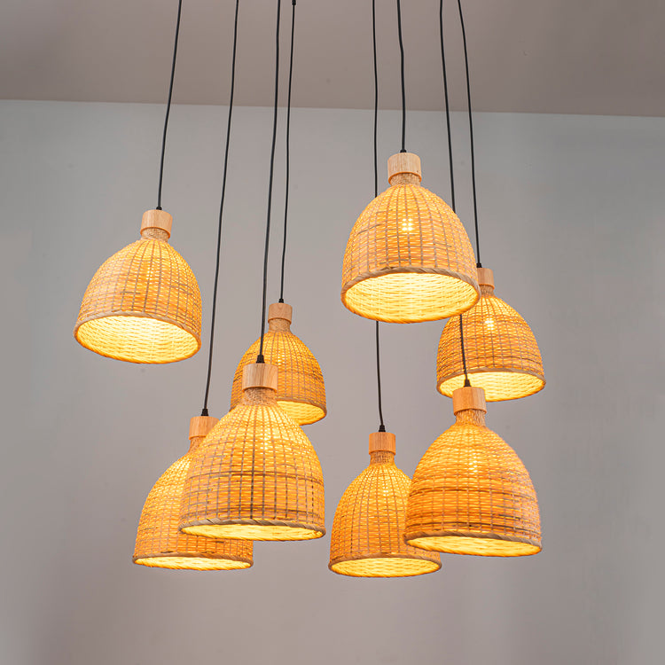 8-Light Cluster Rattan Dome Chandelier in Matte Black