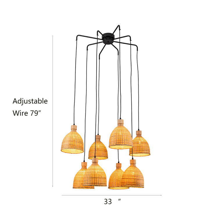 8-Light Cluster Rattan Dome Chandelier in Matte Black