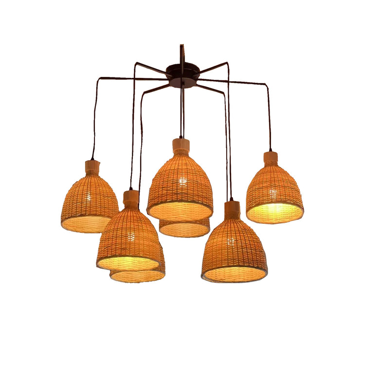 8-Light Cluster Rattan Dome Chandelier in Matte Black