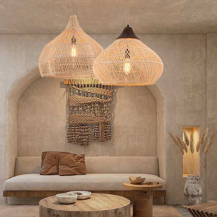 Zula Coastal Large Rattan Pendant Light in Brass Rustic Wood Accent Ceiling Light