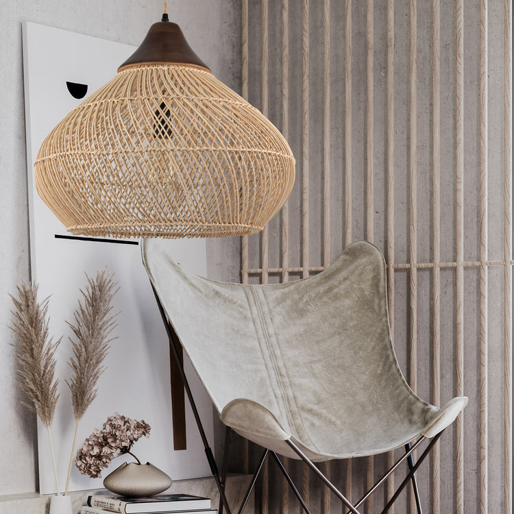 Zula Coastal Large Rattan Pendant Light in Brass Rustic Wood Accent Ceiling Light