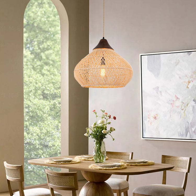 Zula Coastal Large Rattan Pendant Light in Brass Rustic Wood Accent Ceiling Light