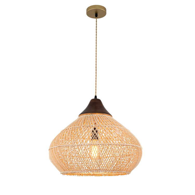 Zula Coastal Large Rattan Pendant Light in Brass Rustic Wood Accent Ceiling Light