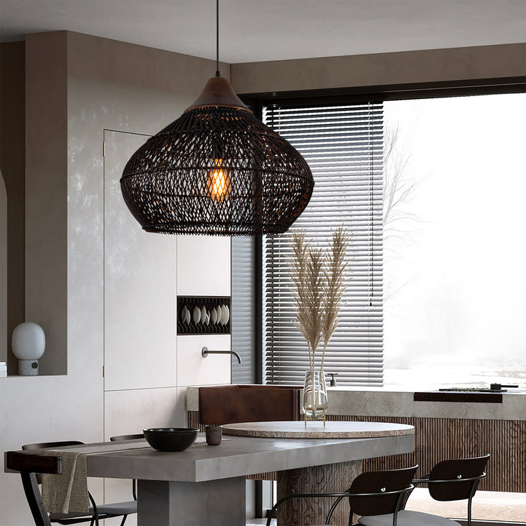 Zula Coastal Large Rattan Pendant Light Matte Black Rustic Wood Accent Ceiling Light