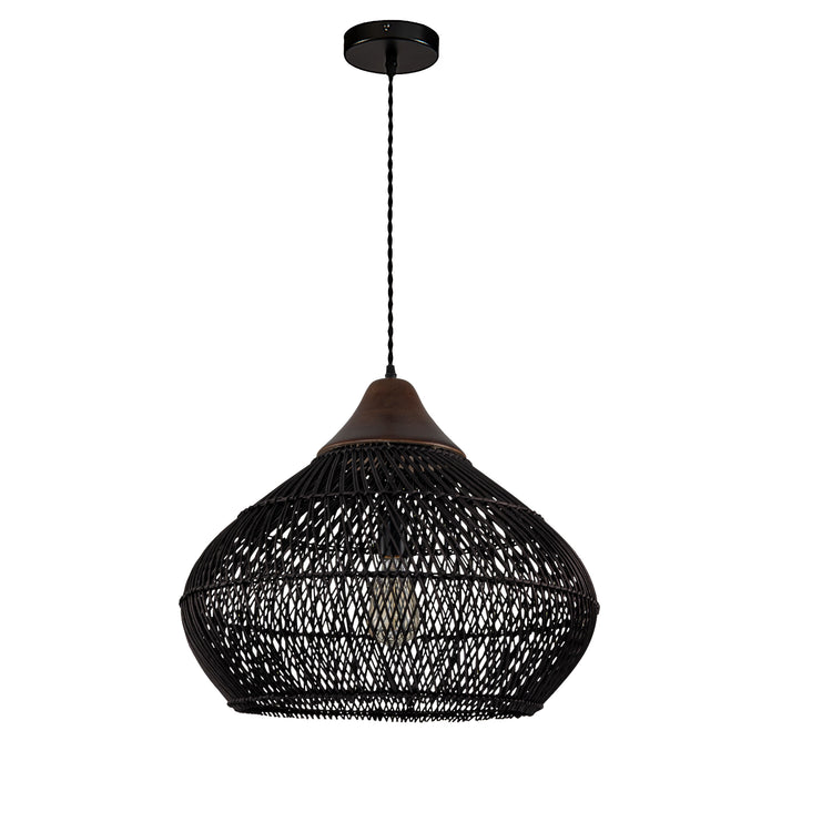 Zula Coastal Large Rattan Pendant Light Matte Black Rustic Wood Accent Ceiling Light