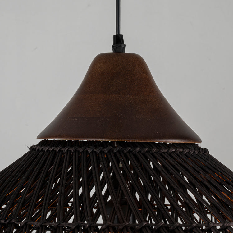 Zula Coastal Large Rattan Pendant Light Matte Black Rustic Wood Accent Ceiling Light