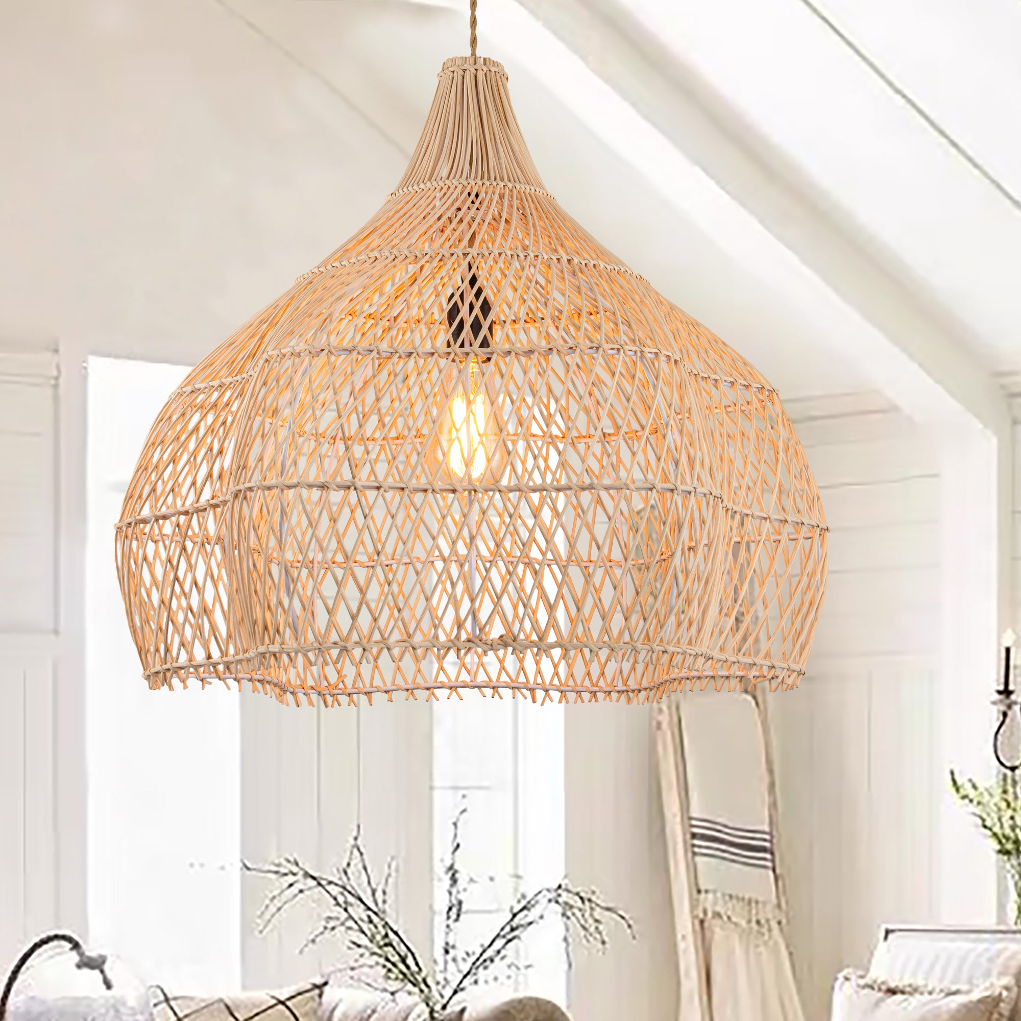 Elegant Designs Coastal Dome Rattan Pendant Light – Natural Wicker, Adjustable Cord, 10x12 Inches, For Kitchen Or Dining