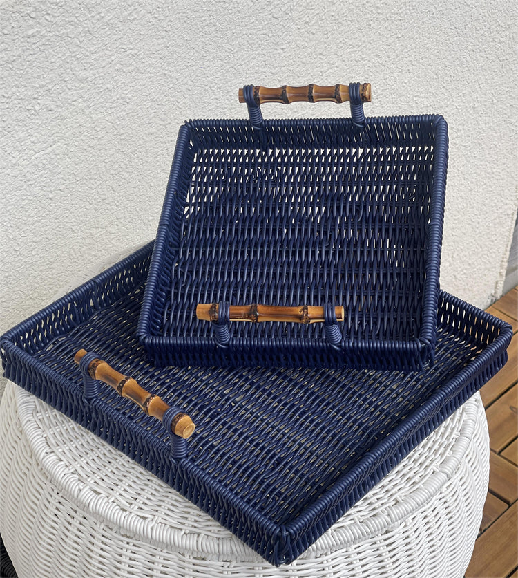 ELE LIGHT & DECOR Outdoor/Indoor PE Rattan Serving Tray With Handle Set of 2