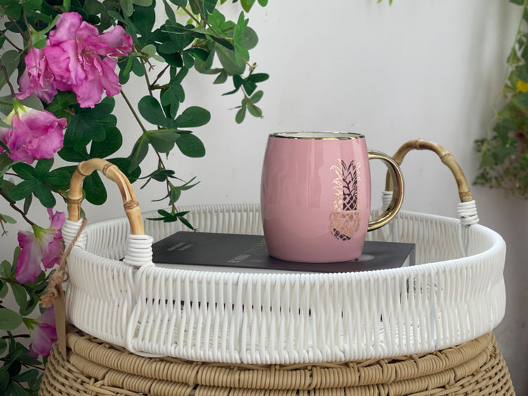 ELE LIGHT & DECOR Outdoor/Indoor Decorative White Wicker Serving Tray With Handle