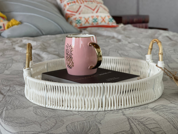 ELE LIGHT & DECOR Outdoor/Indoor Decorative White Wicker Serving Tray With Handle
