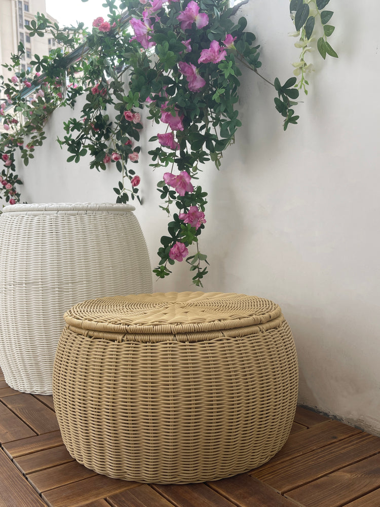 ELE LIGHT & DECOR Outdoor /Indoor Tan Pouf Wicker Footstool Storage Seat With Lid