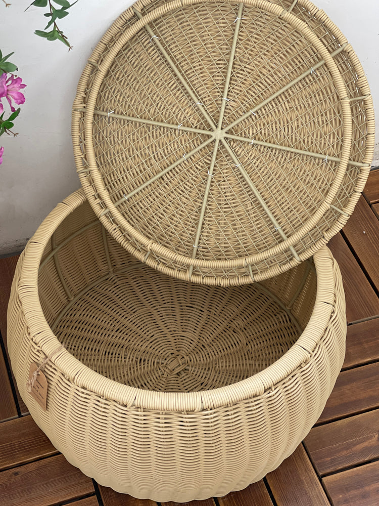 ELE LIGHT & DECOR Outdoor /Indoor Tan Pouf Wicker Footstool Storage Seat With Lid