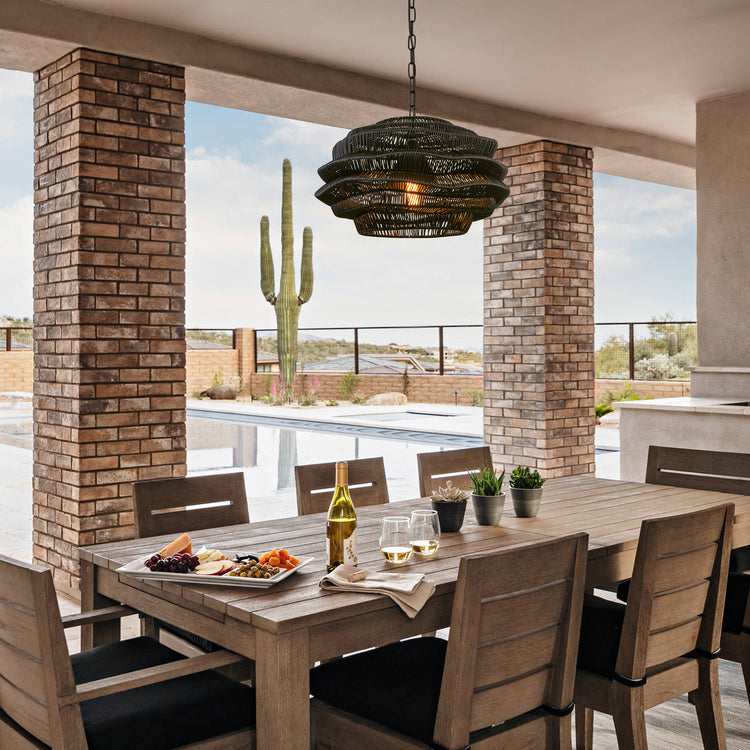 1-Light Outdoor Wicker Coastal Rattan Pendant Light Black Shade