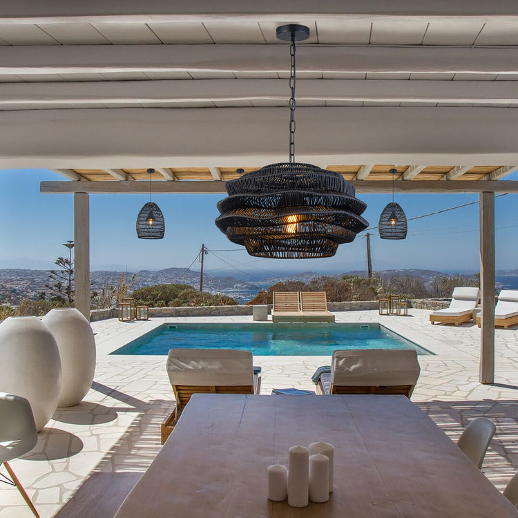 1-Light Outdoor Wicker Coastal Rattan Pendant Light Black Shade