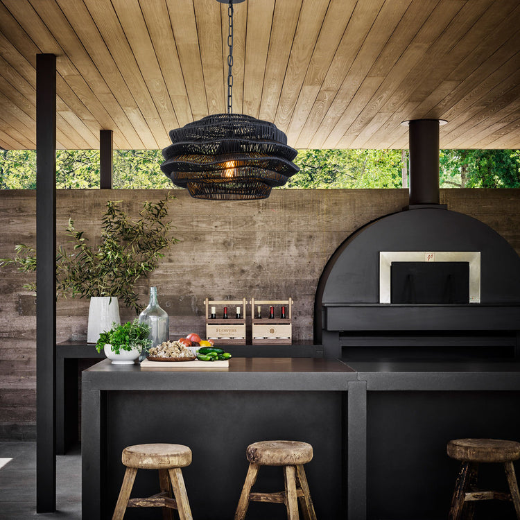 1-Light Outdoor Wicker Coastal Rattan Pendant Light Black Shade