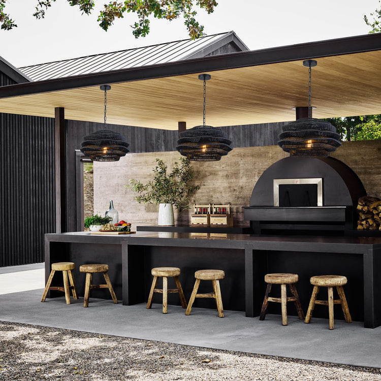 1-Light Outdoor Wicker Coastal Rattan Pendant Light Black Shade