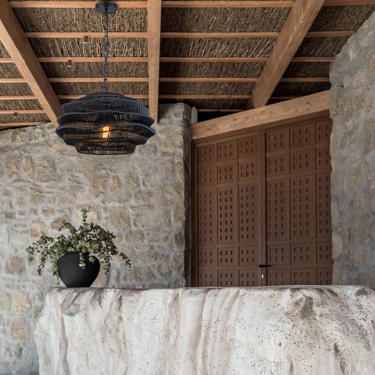 1-Light Outdoor Wicker Coastal Rattan Pendant Light Black Shade