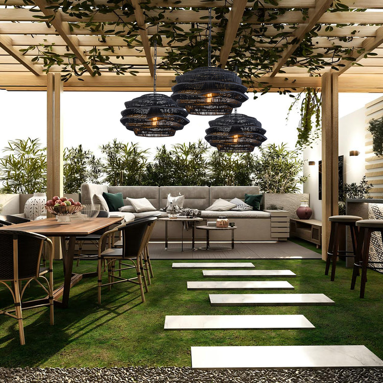 1-Light Outdoor Wicker Coastal Rattan Pendant Light Black Shade