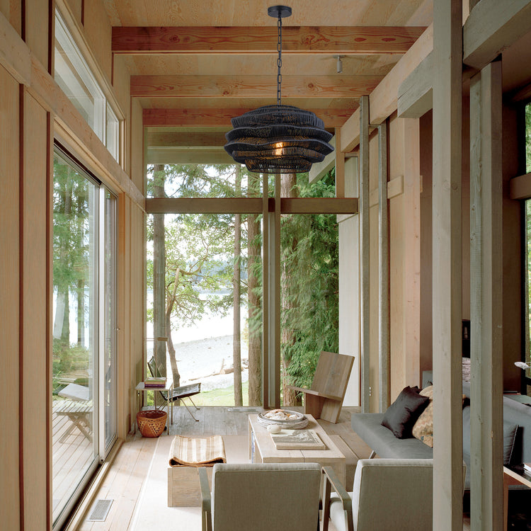 1-Light Outdoor Wicker Coastal Rattan Pendant Light Black Shade