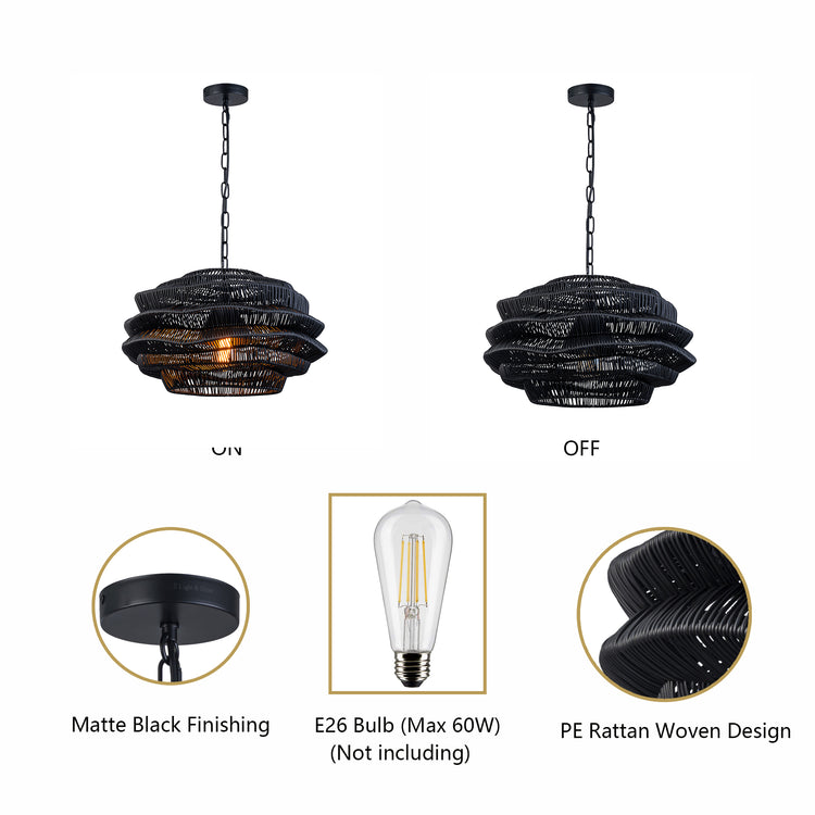 1-Light Outdoor Wicker Coastal Rattan Pendant Light Black Shade