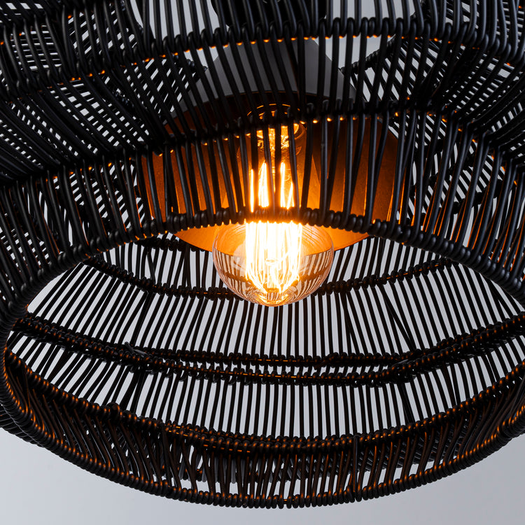 1-Light Outdoor Wicker Coastal Rattan Pendant Light Black Shade