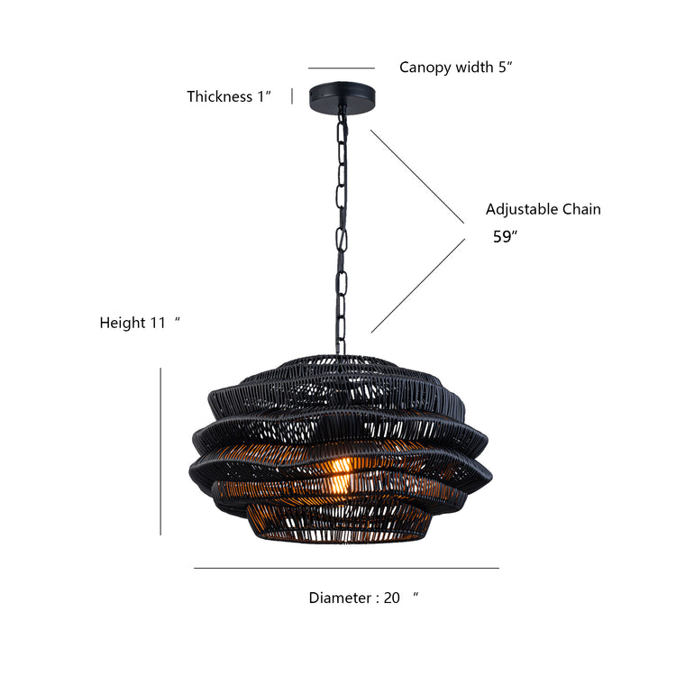 1-Light Outdoor Wicker Coastal Rattan Pendant Light Black Shade