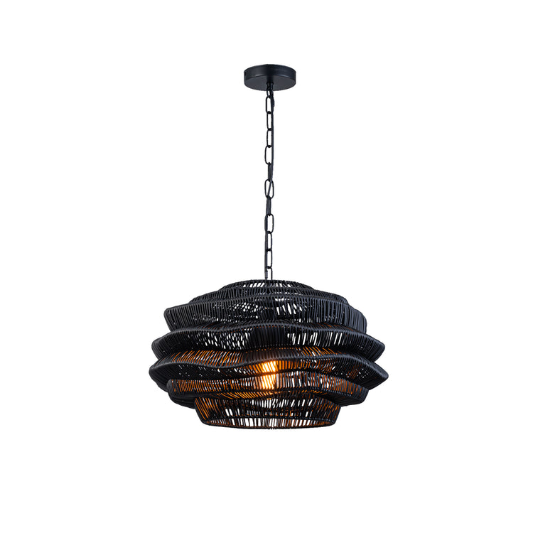 1-Light Outdoor Wicker Coastal Rattan Pendant Light Black Shade
