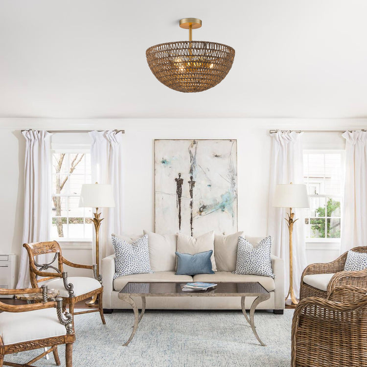 Luna 3-Light Seagrass Semi Flush Mount Coastal Ceiling