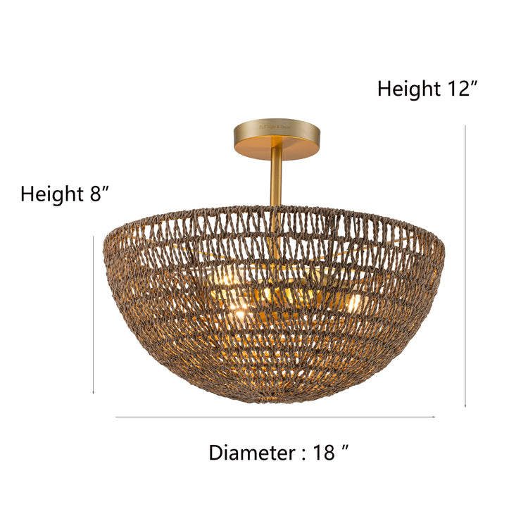 Luna 3-Light Seagrass Semi Flush Mount Coastal Ceiling