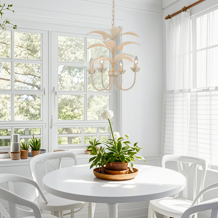 Lana 4-Light Modern Coastal Mini Chandelier Handwoven Rattan Leaf Boho Kitchen Light in White