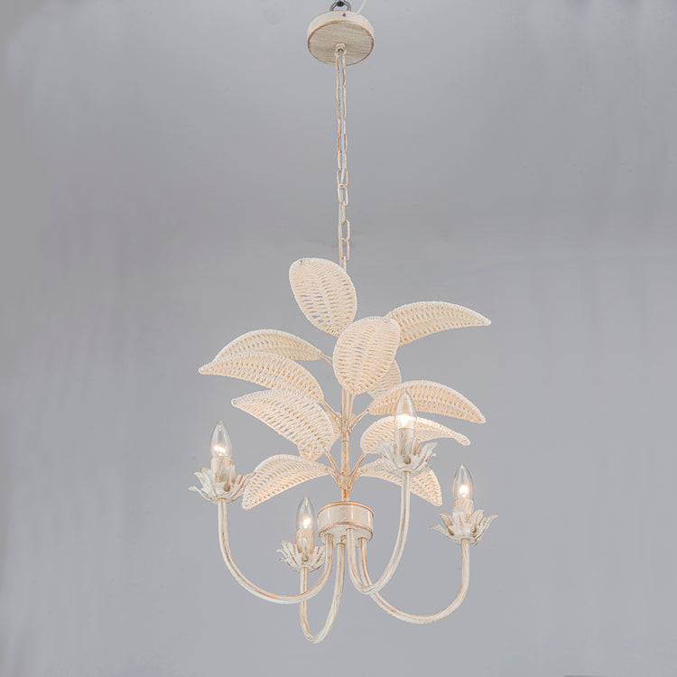 Lana 4-Light Modern Coastal Mini Chandelier Handwoven Rattan Leaf Boho Kitchen Light in White