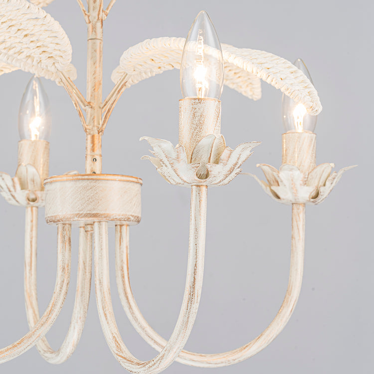 Lana 4-Light Modern Coastal Mini Chandelier Handwoven Rattan Leaf Boho Kitchen Light in White