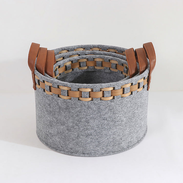 Modern Storage Basket With Faux Leather Handles Set of 3