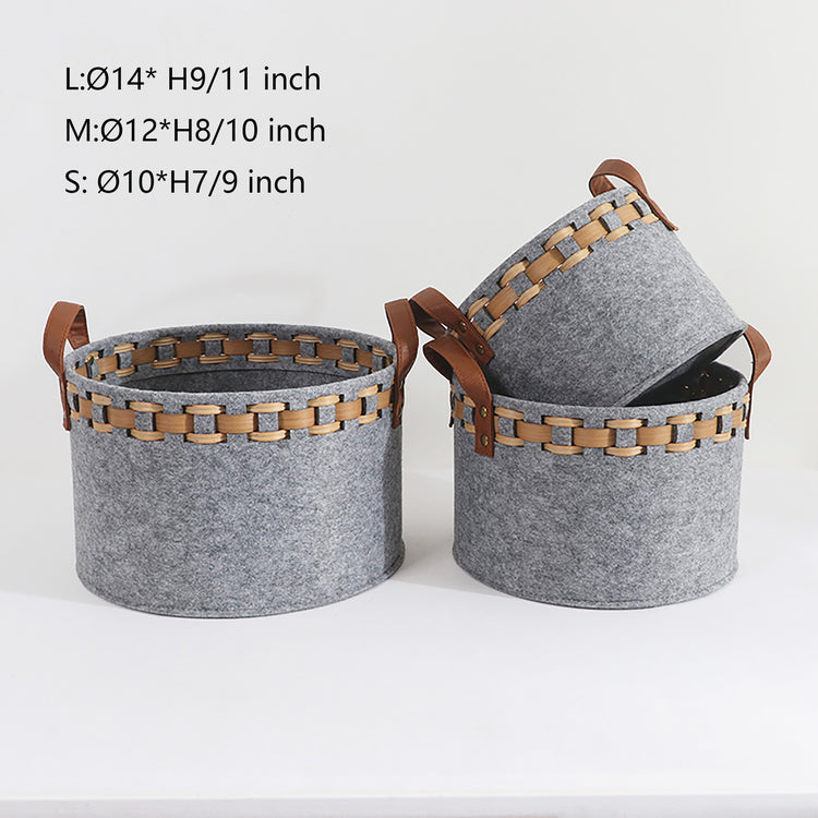 Modern Storage Basket With Faux Leather Handles Set of 3