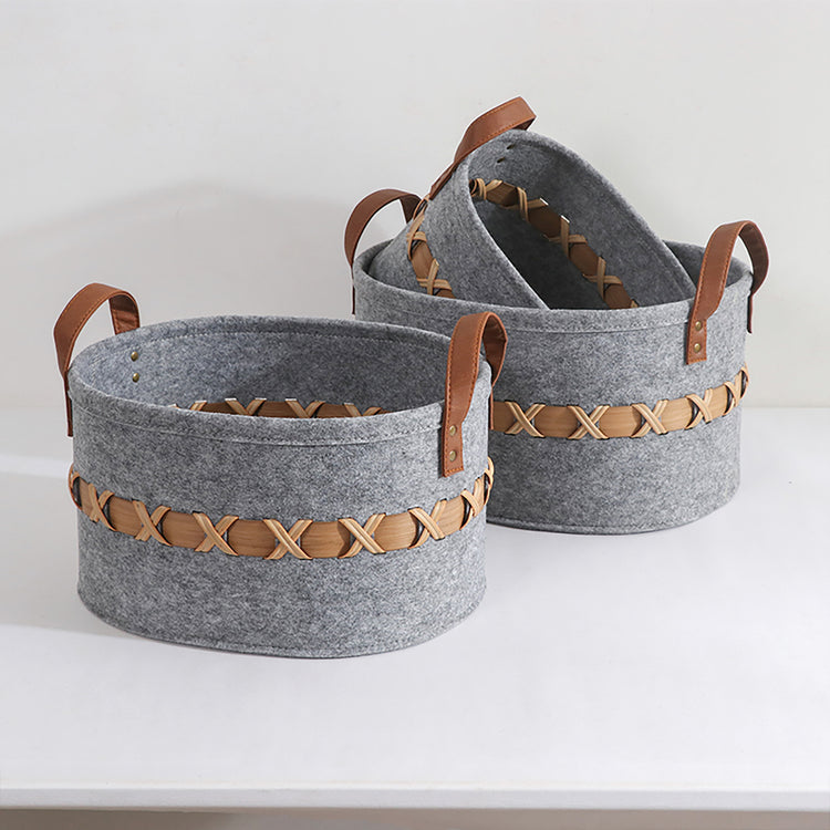 Modern Storage Basket With Faux Leather Handles Set of 3