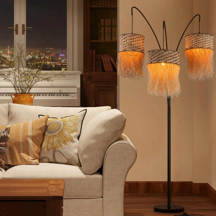 Amber 3-Light 72" Rattan Raffia Arc Floor Lamp in Matte Black