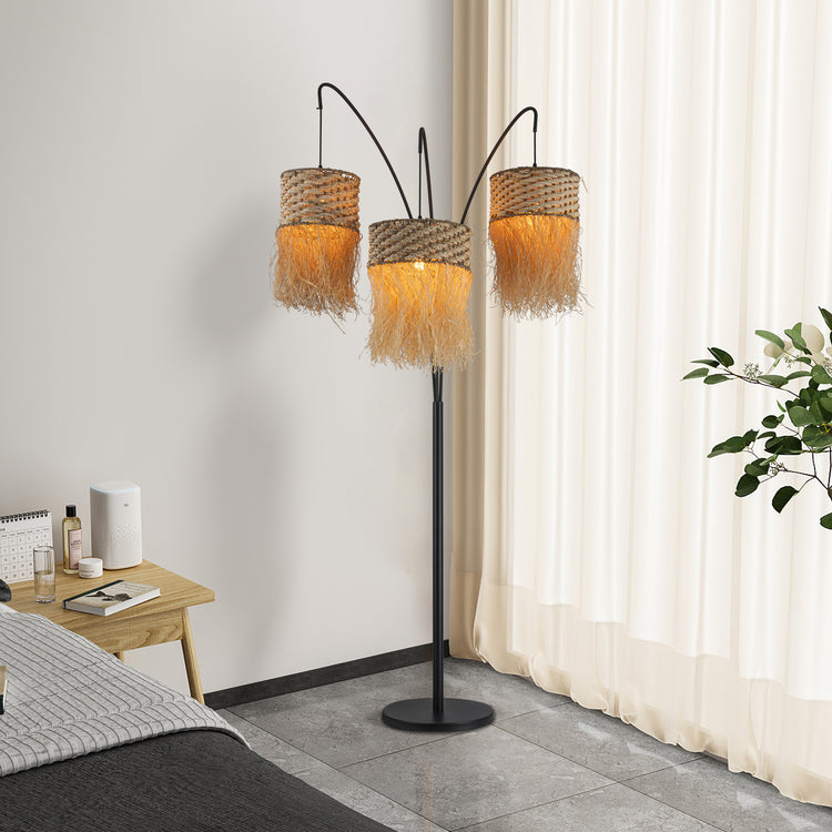 Amber 3-Light 72" Rattan Raffia Arc Floor Lamp in Matte Black