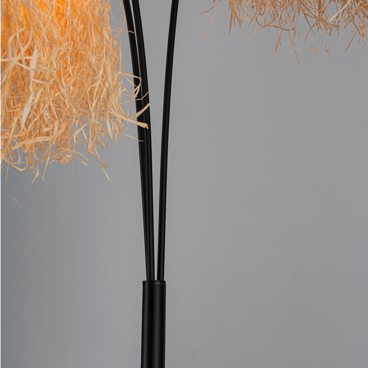 Amber 3-Light 72" Rattan Raffia Arc Floor Lamp in Matte Black