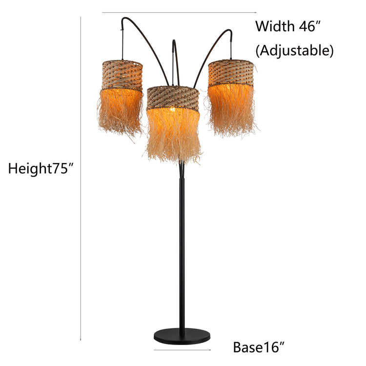 Amber 3-Light 72" Rattan Raffia Arc Floor Lamp in Matte Black