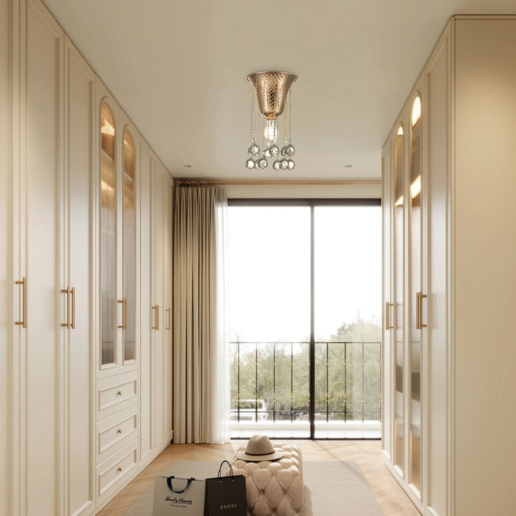 Nora Modern Glam Hammered Flush Mount Ceiling Light French Gold Finish with Crystal Accent