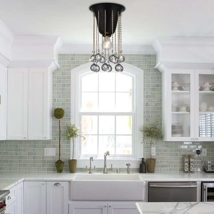 Nora Modern Glam Hammered Flush Mount Ceiling Light in Matte Black with Crystal Accent 8 in.Wide