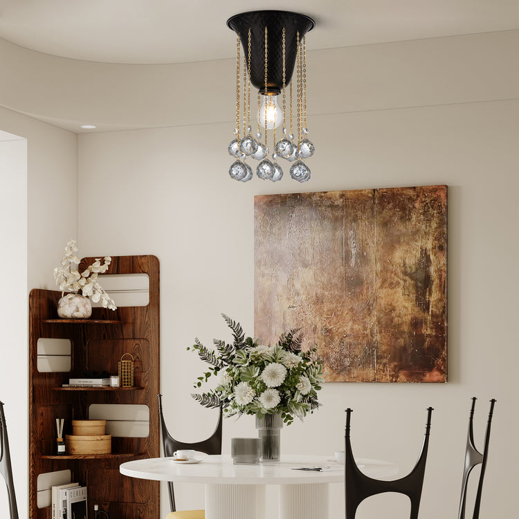 Nora Modern Glam Hammered Flush Mount Ceiling Light in Matte Black with Crystal Accent 8 in.Wide