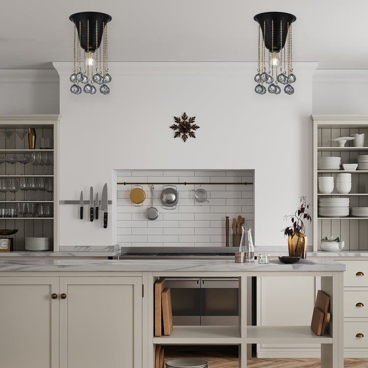 Nora Modern Glam Hammered Flush Mount Ceiling Light in Matte Black with Crystal Accent 8 in.Wide