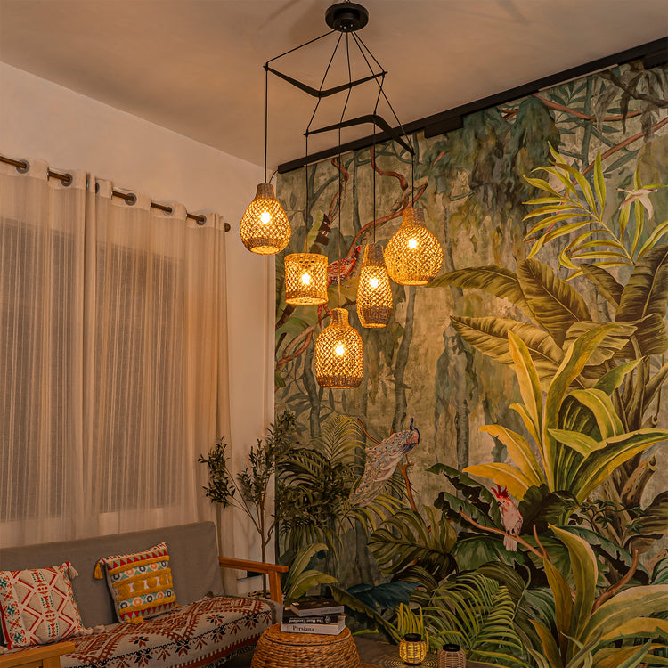 Lucien 5-Light Seagrass Modern Linear Chandelier Matte Black