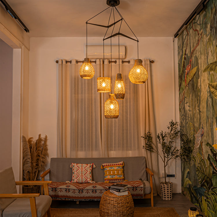 Lucien 5-Light Seagrass Modern Linear Chandelier Matte Black