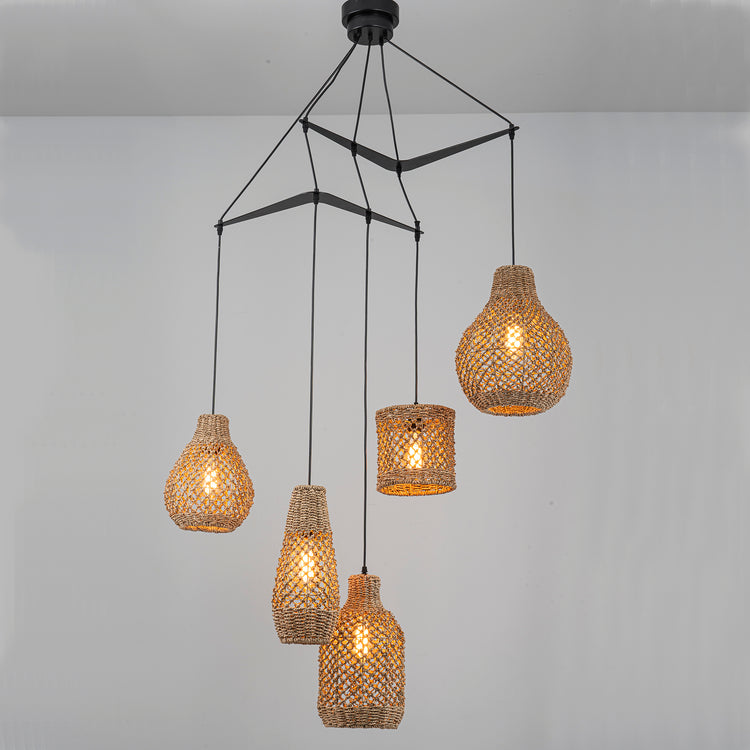 Lucien 5-Light Seagrass Modern Linear Chandelier Matte Black