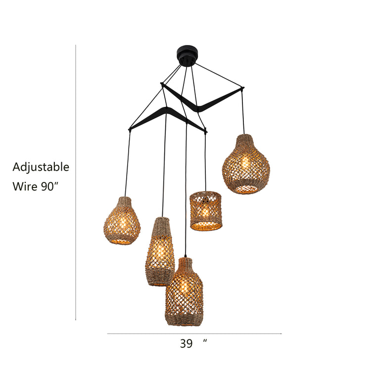 Lucien 5-Light Seagrass Modern Linear Chandelier Matte Black